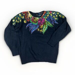 Vintage IB Diffusion Sweater Size S Beaded Sequin Silk Angora Black Floral Fuzzy